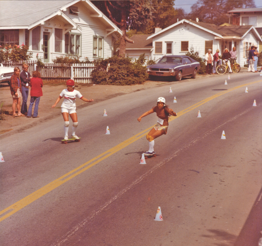 First slalom skateboard race Judi Oyama and Lisa Harner Capitola Monterey Avenue 1975 photo by Richard Oyama