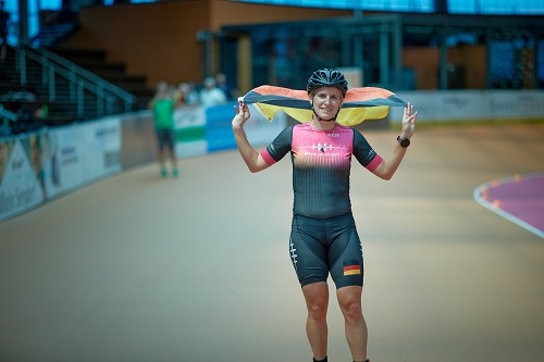 Mareike Thum celebrating World Hour Record